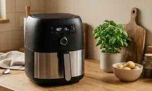 Czarna frytkownica beztłuszczowa z cyfrowym wyświetlaczem, idealna do zdrowego gotowania. W tle bazylia i ziemniaki, sugerujące pyszne dania z rankingu airfryer.