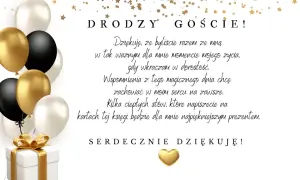 Złota księga gości na 18. urodziny z balonami i prezentem. Dziękuję za obecność i życzenia.