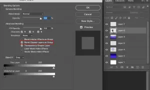 Finestra "Stile Livello" Photoshop con opzione "Unisci livelli ritagliati come gruppo" selezionata, per un controllo avanzato della maschera di livello.