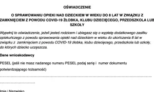 Oświadczenie o opiece nad dzieckiem do 8 lat z powodu zamknięcia placówki z powodu COVID-19. Wypełnij, jeśli ubiegasz się o zasiłek. Podaj PESEL.
