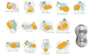 Illustrations montrant diverses positions d'accouchement avec un ballonnet, incluant des postures assises, latérales et sur le ventre. Un ballonnet d'accouchement est aussi visible.