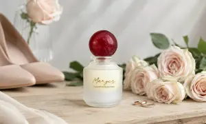 Perfumy z czerwonym korkiem, róże, buty i obrączki na drewnianym tle.