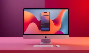 Mac z ekranem wyświetlającym iPhone'a z aplikacjami. Dowiedz się, jak pobrać app z app store bez iOS urządzenia.