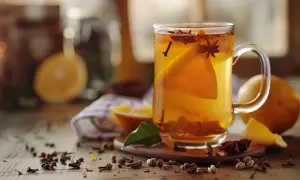 Aromatyczna herbata z goździkami i cytryną, rozgrzewająca w chłodny dzień. Na stole leżą pomarańcze i przyprawy.