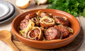 Pyszna kiełbasa z airfryer, podana z duszonymi cebulkami w glinianej misce. Idealna na szybki obiad.