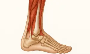 Detailreiche Darstellung der Achillessehne Anatomie: Muskeln, Knochen und Sehnen des Fußes und Unterschenkels.