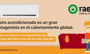 Un aire acondicionado blanco sobre fondo beige. Texto: "El aire acondicionado es un gran protagonista en el calentamiento global. Échale un vistazo a los siguientes tips para que ahorres en el uso de este aparato." Un chico sonriente con una caja. Logo...