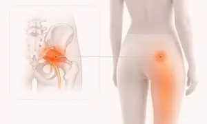 Illustration visar piriformis inflammation. En närbild av bäckenet visar en inflammerad piriformismuskel som trycker på ischiasnerven.