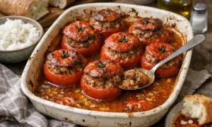 Un plat de tomates farcies appétissantes, garnies d'une farce savoureuse, baignant dans une sauce tomate réconfortante.