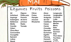 Liste de légumes de saison en mai : ail, artichaut, asperge, aubergine, betterave, carotte, céleri, chou-fleur, concombre, courgette, épinard, laitue, navet, oignon, petits pois, pomme de terre, primeur, radis, tomate.