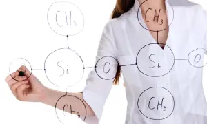 Rysunek schematu cząsteczki z atomami Si, O i grupami CH3. Czy to lzo co to?