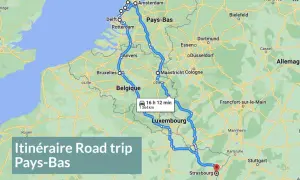 Carte d'un road trip incontournable aux Pays-Bas, traversant la Belgique et le Luxembourg, avec un itinéraire de 1364 km.