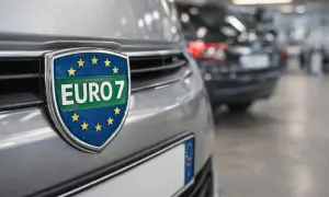 Emblemat EURO 7 na grillu samochodu, symbolizujący nowe, czystsze normy emisji spalin.