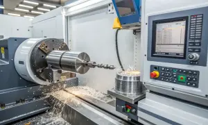 Precyzyjne szlifowanie płaszczyzn metalowego wałka na nowoczesnej maszynie CNC. Wióry metalu wirują wokół obrabianego elementu.