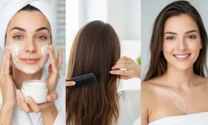 Rutina de cuidado: mujer aplica crema en rostro, peina su cabello y sonríe con un toque de dexpantenol que es un humectante.