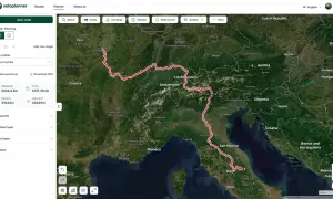 Planowanie trasy rowerowej przez Europę, od Francji przez Szwajcarię po Włochy. Długość 2024 km, czas 127h.