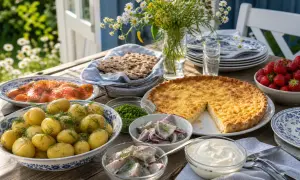En härlig midsommar buffé med sill, lax, färskpotatis, paj, jordgubbar och knäckebröd dukas upp utomhus.
