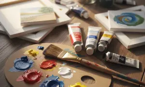 Palette de peinture huile murale avec des tubes de couleurs vives, un pinceau et des toiles vierges.