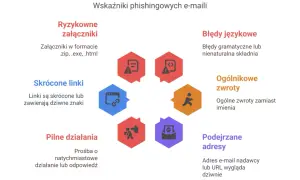 Diagram przedstawiający wskaźniki phishingowych e-maili: ryzykowne załączniki, skrócone linki, pilne działania, podejrzane adresy, ogólnikowe zwroty, błędy językowe.