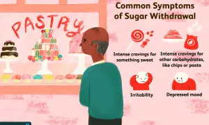 Un homme regarde une vitrine de pâtisseries, illustrant les symptômes du temps sevrage sucre : fringales, irritabilité et humeur dépressive.