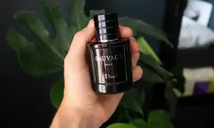 Dłoń trzyma flakon Dior Sauvage Elixir 60ml, otoczony zielonymi liśćmi.