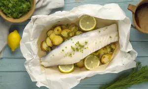 Ombrina al forno con patate e limone, un piatto leggero e gustoso.