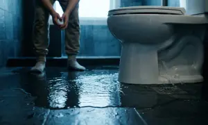 Ein Mann steht im überfluteten Badezimmer. Wasser quillt aus dem Sockel der Toilette, ein Zeichen für einen verstopften Abflussrohr in der Wand.