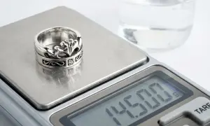 Srebrny pierścionek z ozdobnym wzorem na wadze jubilerskiej. Waga pokazuje 145.00g. To jeden ze sposobów, jak sprawdzić srebro.