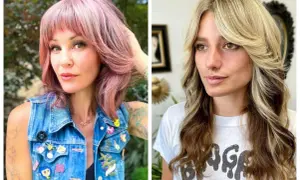 Dwie kobiety z modnymi fryzurami shag cut: jedna z różowymi włosami i grzywką, druga z blond pasemkami.