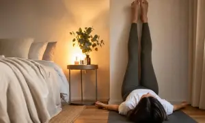 Donna in leggings esegue la posizione yoga con le gambe al muro, un esercizio che aiuta a sentirsi più leggeri e a dimagrire.