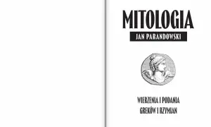 Okładka książki "Mitologia" Jana Parandowskiego z wizerunkiem skrzydlatej głowy.