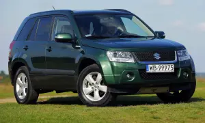 Zielony Suzuki Grand Vitara 2 na tle błękitnego nieba i zielonej trawy.