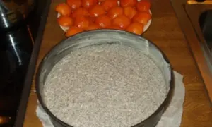 Mohnkuchen-Rezept: Mohnmasse in Springform, daneben eine Schale mit Aprikosen.