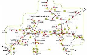Mapa węzła warszawskiego z zaznaczonymi trasami, m.in. ic batory trasa.
