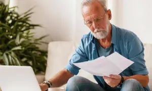 Starszy mężczyzna w okularach analizuje dokumenty przy laptopie, być może w czasie przestoju w pracy lub podczas domowych obowiązków.