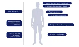 Objawy wstrząsu septycznego: zimna skóra, zaburzenia świadomości, przyspieszony oddech i tętno, obniżone ciśnienie, osłabienie, gorączka lub hipotermia, wysypka.
