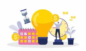 Calendario con segnate le giornate lavorative e un'idea luminosa. Un promemoria per il preavviso turni di lavoro, con clessidra e monete.