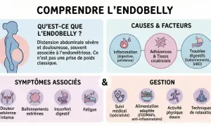 Infographie expliquant l'endobelly, ses causes (inflammation, adhérences, troubles digestifs) et symptômes (douleur, ballonnements, fatigue). Un témoignage endométriose digestive est illustré.