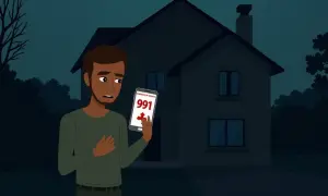 Zmartwiony mężczyzna trzyma telefon z numerem 991, próbując zgłosić awarię prądu Tauron.