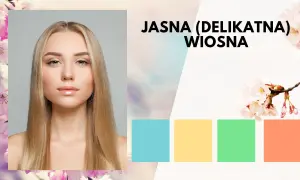 Jasna (delikatna) wiosna: blondynka z delikatnym makijażem, otoczona kwitnącymi wiśniami i paletą pastelowych kolorów.