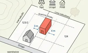 Mapa pokazuje działkę z budynkami i odległościami. W przypadku naruszenia granicy działki, można zgłosić sprawę do Sądu, Urzędu lub PINB.