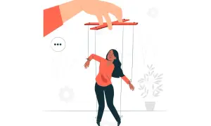 Una marionetta umana controllata da una mano gigante, simboleggia la difficoltà di avere tutto sotto controllo psicologia.