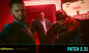 Trzech mężczyzn w neonowym korytarzu. Zbliża się aktualizacja Cyberpunk 2077 Patch 2.31.