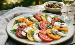 En vacker caprese-sallad med skivade tomater i olika färger, mozzarella och basilika, perfekt för ett sommarrecept.