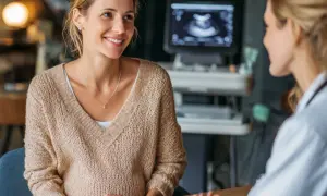 Mujer sonríe mientras habla con su doctora, quien mira una ecografía. Es el momento perfecto para saber cuando decir que estas embarazada.