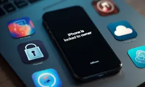 Zablokowany iPhone z komunikatem "iPhone is locked to owner" otoczony ikonami aplikacji, w tym kłódką i chmurką.