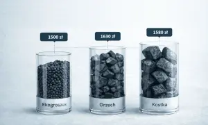 Porównanie cen węgla na składach: ekogroszek 1500 zł, orzech 1630 zł, kostka 1580 zł.