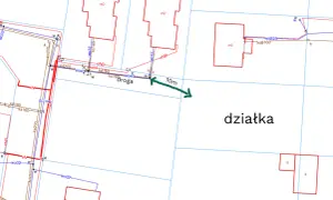 Mapa z uzbrojeniem terenu, pokazująca przyłącza do działki i drogę. Określa koszty uzbrojenia działki.