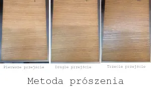 Trzy próbki drewna pokazujące efekt bejcowania: pierwsze przejście, drugie i trzecie. Metoda prószenia.