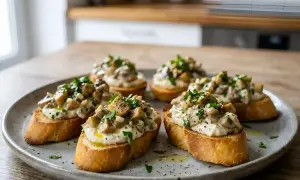 Bruschettas garnies de champignons crémeux et persil. Une idée de recette mascarpone salé rapide et délicieuse.